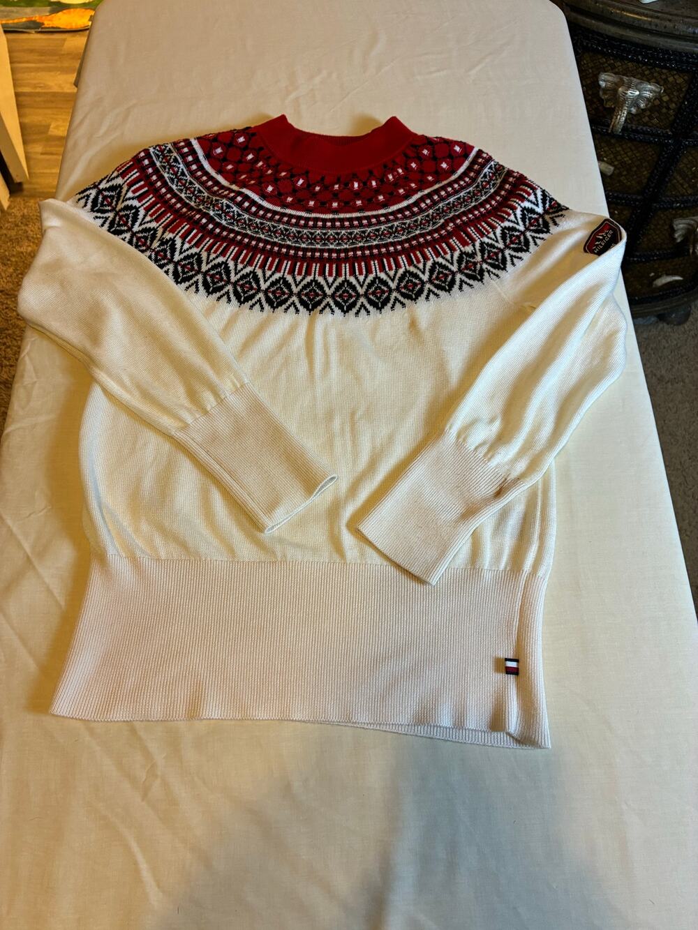 Tommy Hilfiger Fair Isle Sweater women’s S Cream Red Nordic Knit Logo snow bunny